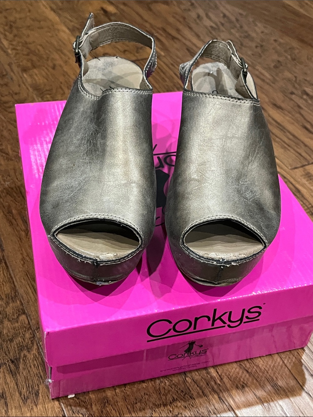 Corkys Metallic Pewter Open-Toe Platform Wedges